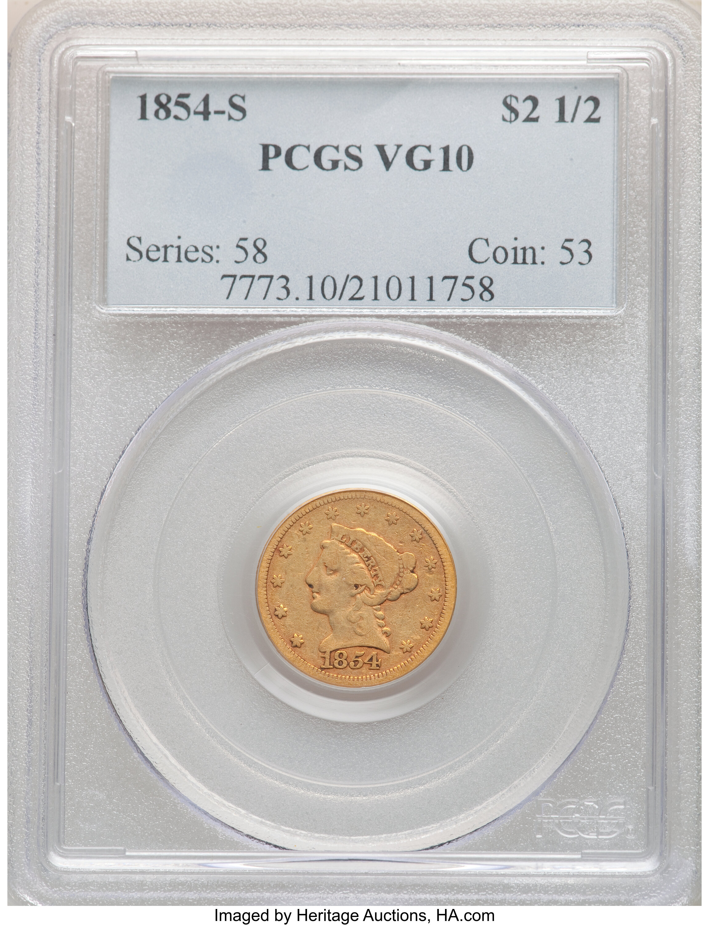 image for: 1854-S $2 1/2 VG10 PCGS....