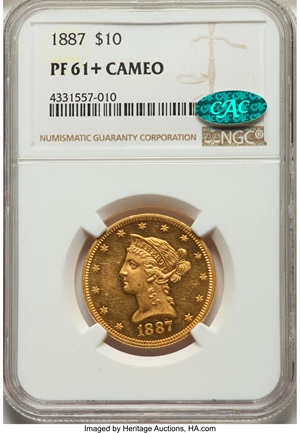 image for: 1887 $10 PR61+ Cameo NGC. CAC. JD-1, R.6....