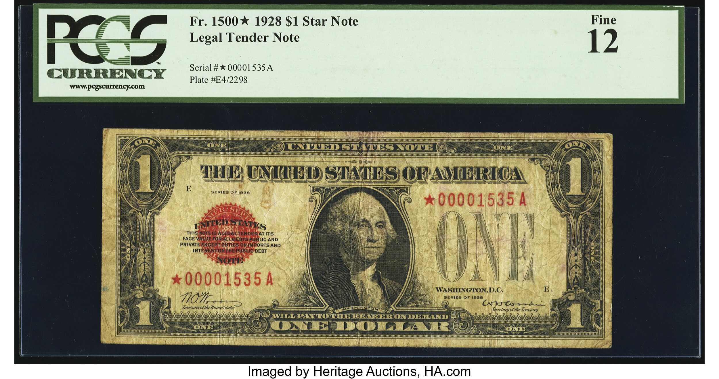 image for: Low Serial Number 1535 Fr. 1500* $1 1928 Legal Tender Star Note. PCGS Fine 12....