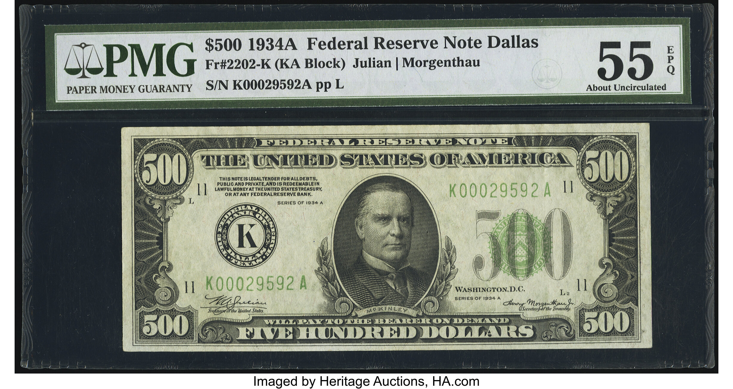 image for: Fr. 2202-K $500 1934A Federal Reserve Note. PMG About Uncirculated 55 EPQ....