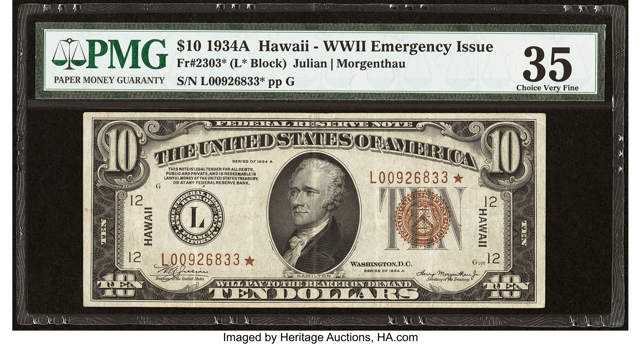 image for: Fr. 2303* $10 1934A Hawaii Federal Reserve Star Note. PMG Choice Very Fine 35....