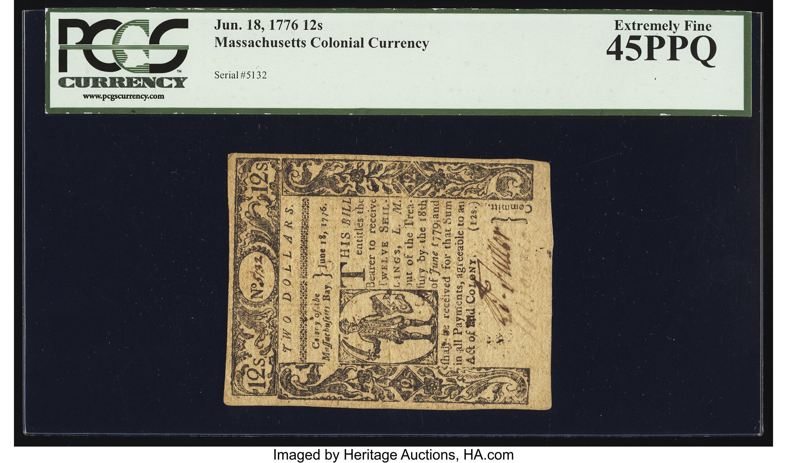 image for: Massachusetts June 18, 1776 12s PCGS Extremely Fine 45PPQ....