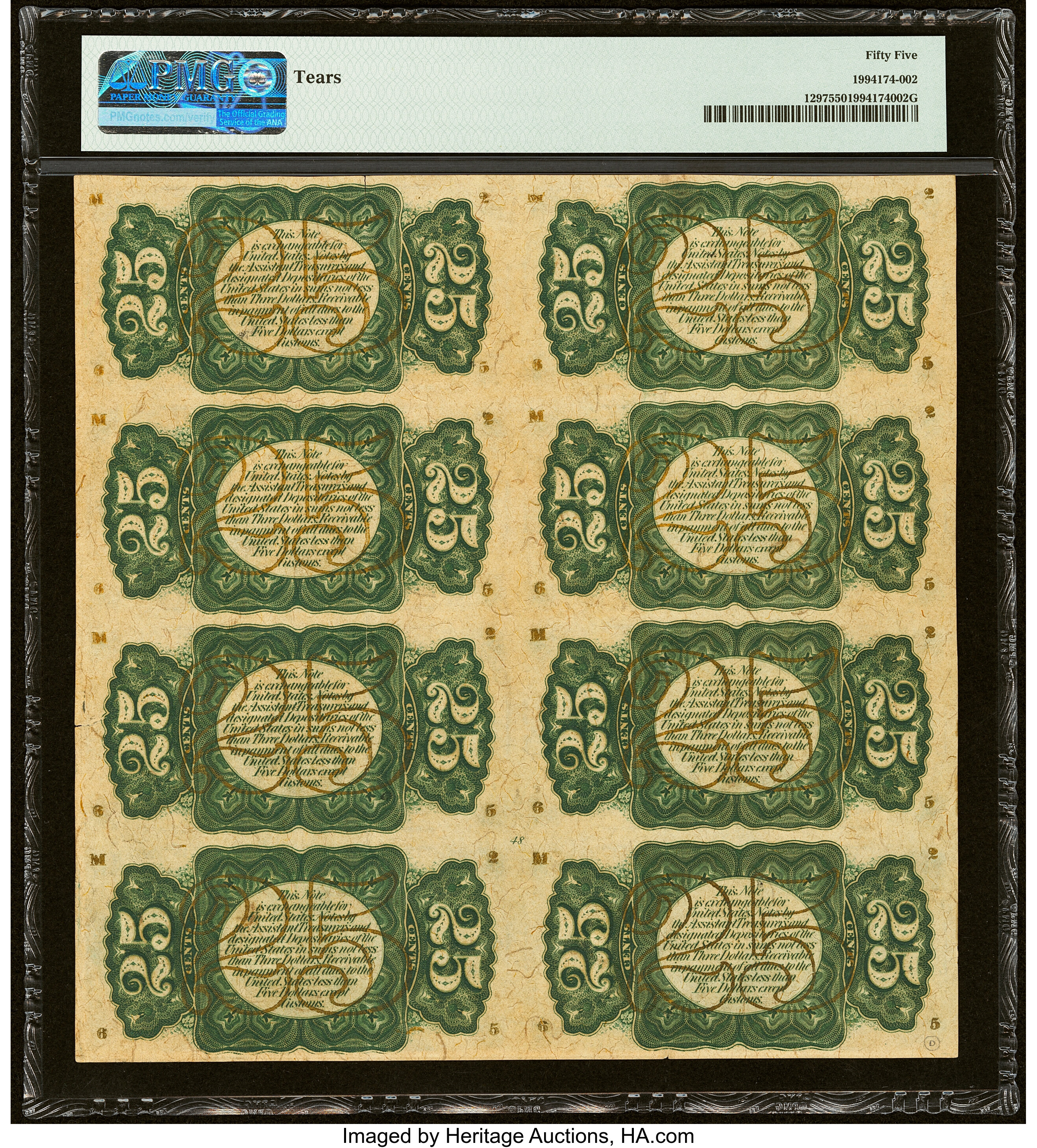 image for: Fr. 1297 25¢ Third Issue Uncut Block of Eight PMG About Uncirculated 55....