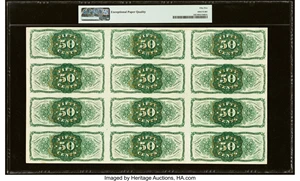 image for: Fr. 1339-42 Milton 3R50.21m 50¢ Third Issue Spinner Type II Uncut Sheet of Twelve PMG About Uncirculated 55 EPQ....