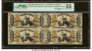 image for: Fr. 1356 50¢ Third Issue Justice Block of Four PMG About Uncirculated 55....