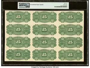 image for: Fr. 1301 Milton 4R25.1a 25¢ Fourth Issue Uncut Sheet of Twelve PMG About Uncirculated 55 EPQ....