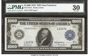image for: Fr. 1133-L $1,000 1918 Federal Reserve Note PMG Very Fine 30....