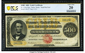 image for: Fr. 1216a $500 1882 Gold Certificate PCGS Banknote Very Fine 20....
