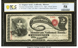 image for: California, MO - $2 Original Fr. 389 The Moniteau National Bank Ch. # 1712 PCGS Banknote Choice AU 58....