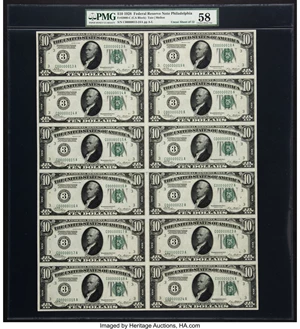 image for: Fr. 2000-C $10 1928 Federal Reserve Notes Uncut Sheet of Twelve PMG Choice About Unc 58....