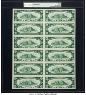 image for: Fr. 2000-C $10 1928 Federal Reserve Notes Uncut Sheet of Twelve PMG Choice About Unc 58....