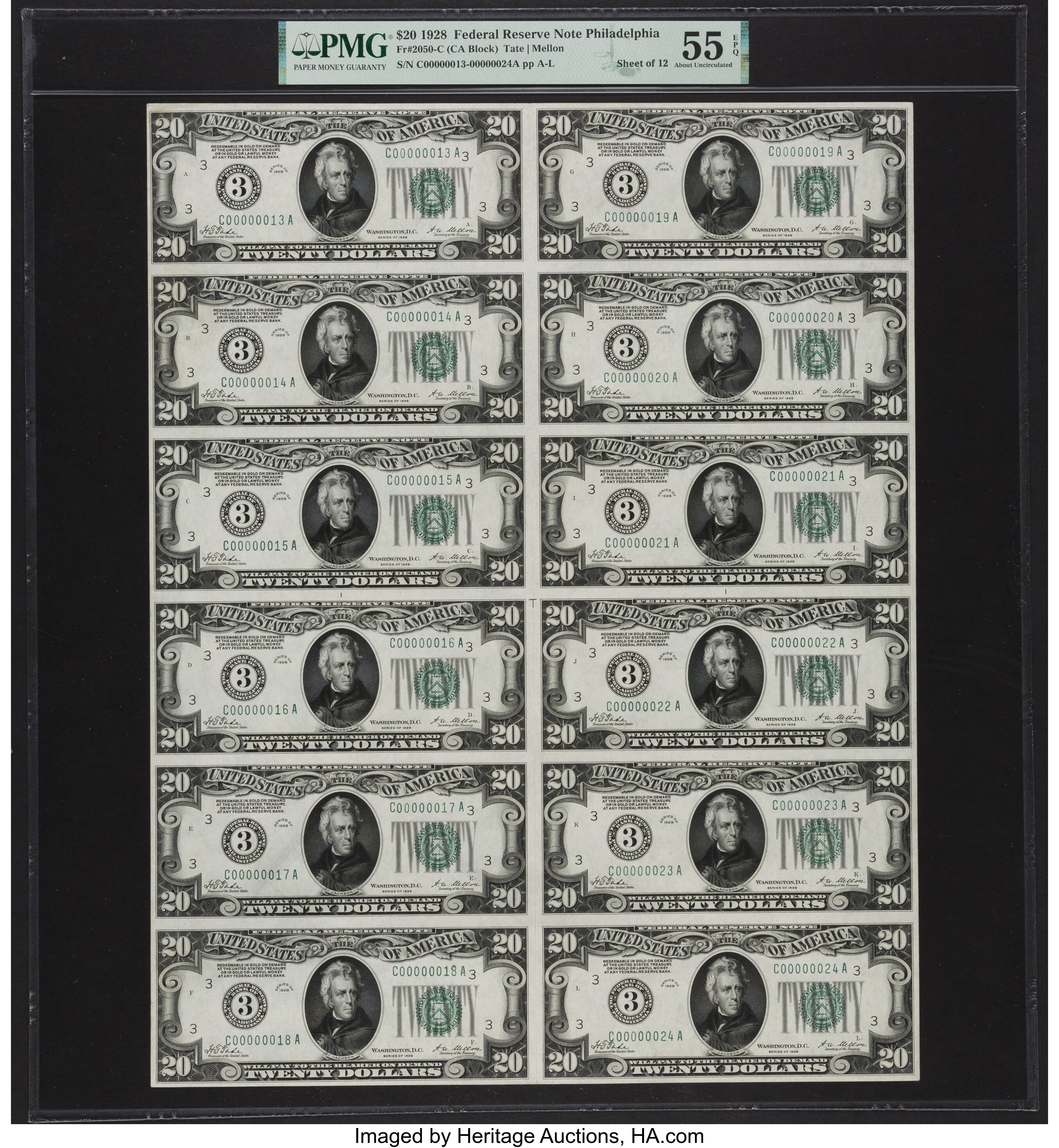 image for: Fr. 2050-C $20 1928 Federal Reserve Notes. Uncut Sheet of Twelve. PMG About Uncirculated 55 EPQ....