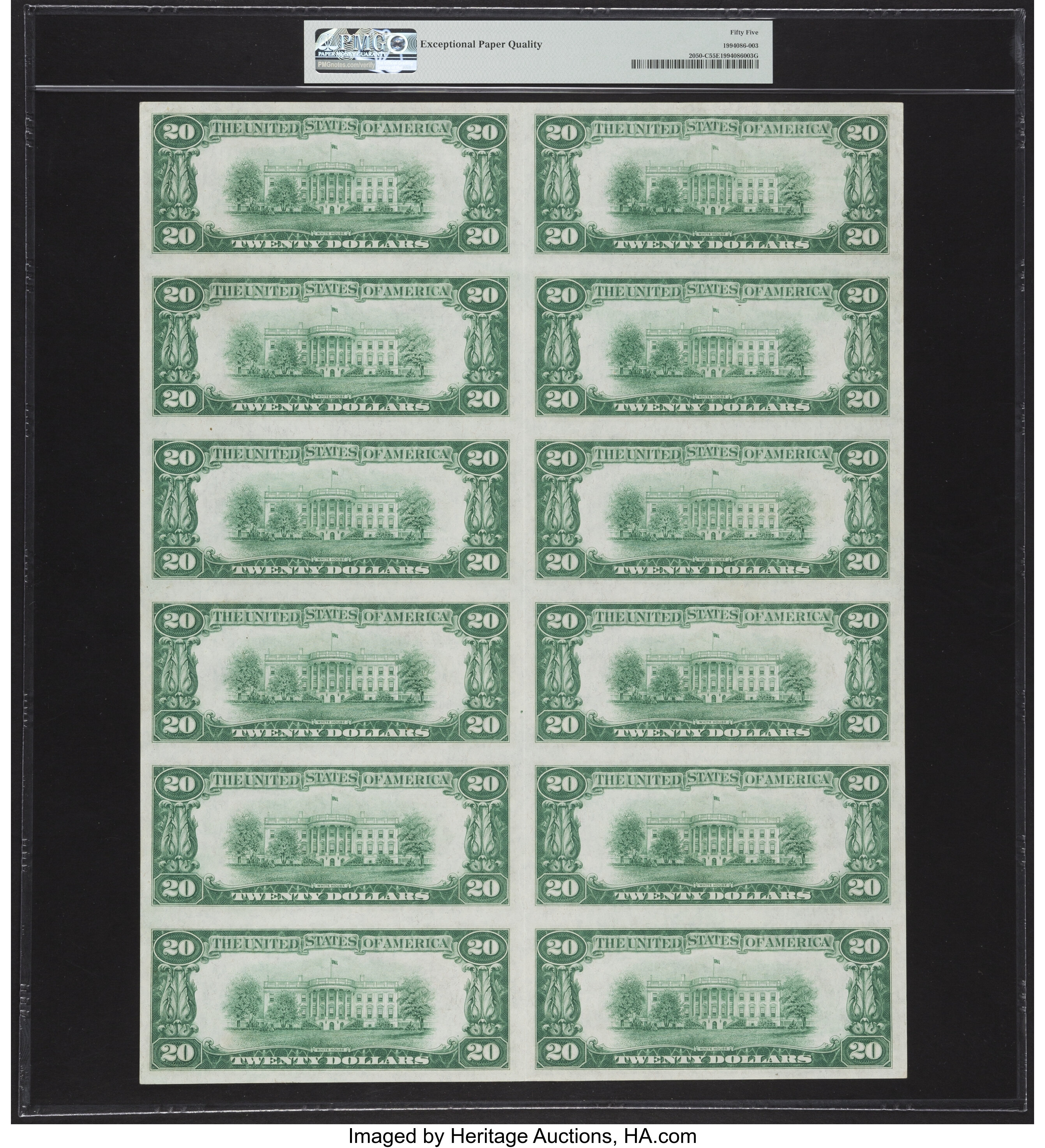 image for: Fr. 2050-C $20 1928 Federal Reserve Notes. Uncut Sheet of Twelve. PMG About Uncirculated 55 EPQ....