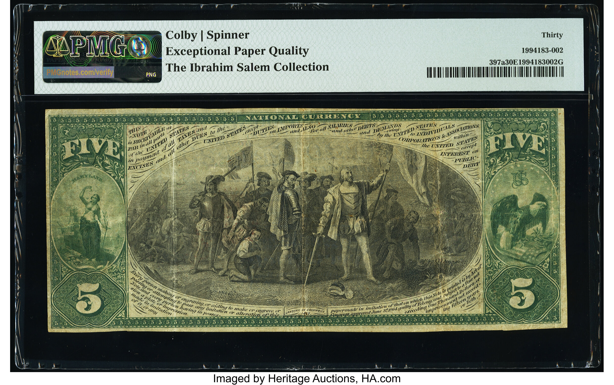image for: Serial Number 1 Frederick, MD - $5 Original Fr. 397a The Central National Bank Ch. # 1138 PMG Very Fine 30 EPQ....