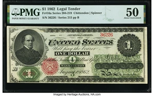 image for: Fr. 16a $1 1862 Legal Tender PMG About Uncirculated 50....
