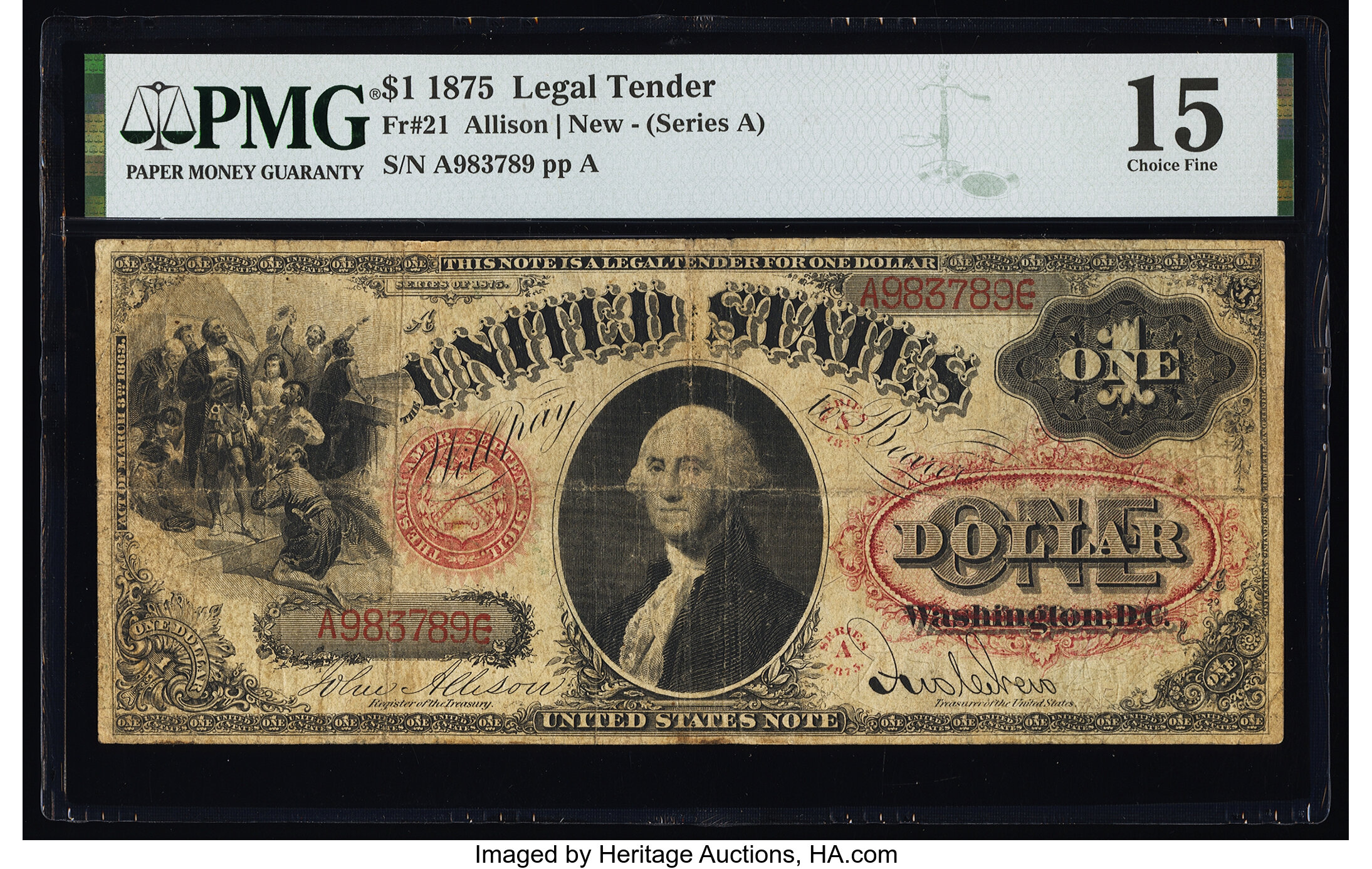 image for: Fr. 21 $1 1875 Legal Tender PMG Choice Fine 15....