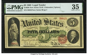 image for: Fr. 63b $5 1863 Legal Tender PMG Choice Very Fine 35....