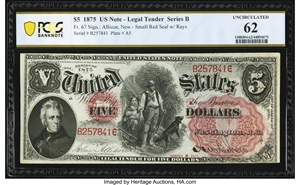 image for: Fr. 67 $5 1875 Legal Tender PCGS Banknote Uncirculated 62....