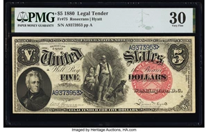 image for: Fr. 75 $5 1880 Legal Tender PMG Very Fine 30....