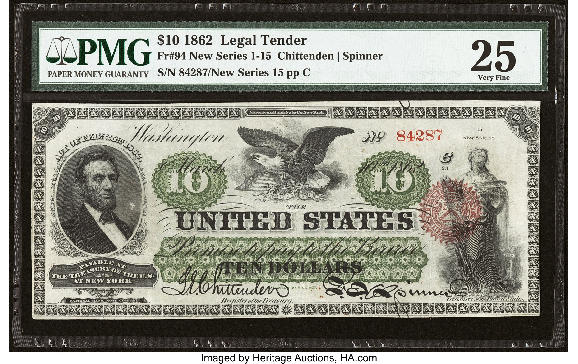 image for: Fr. 94 $10 1862 Legal Tender PMG Very Fine 25....
