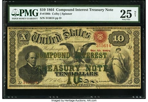 image for: Fr. 190b $10 1864 Compound Interest Treasury Note PMG Very Fine 25 Net....