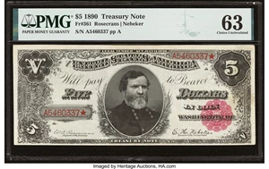 image for: Fr. 361 $5 1890 Treasury Note PMG Choice Uncirculated 63....