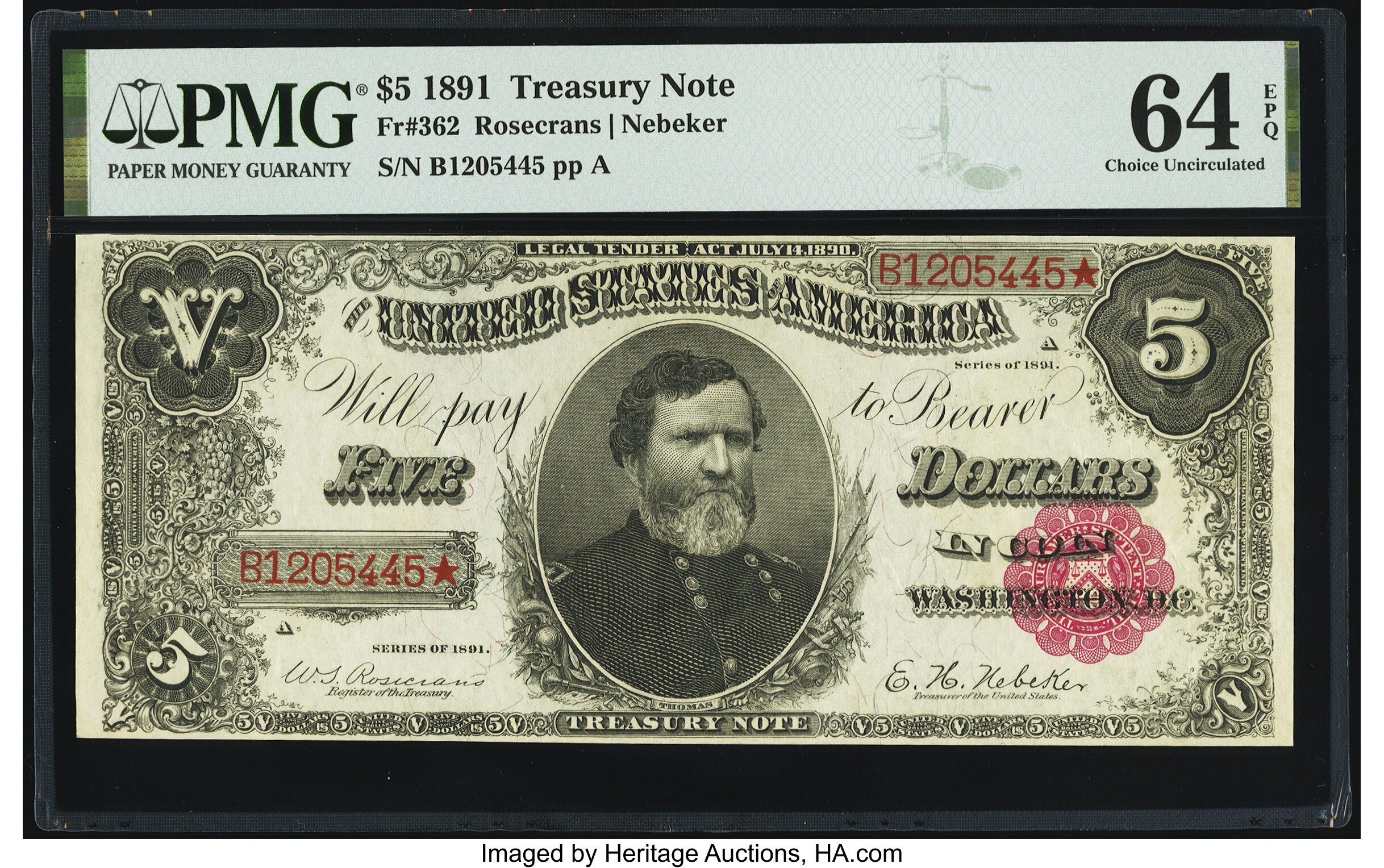image for: Fr. 362 $5 1891 Treasury Note PMG Choice Uncirculated 64 EPQ....