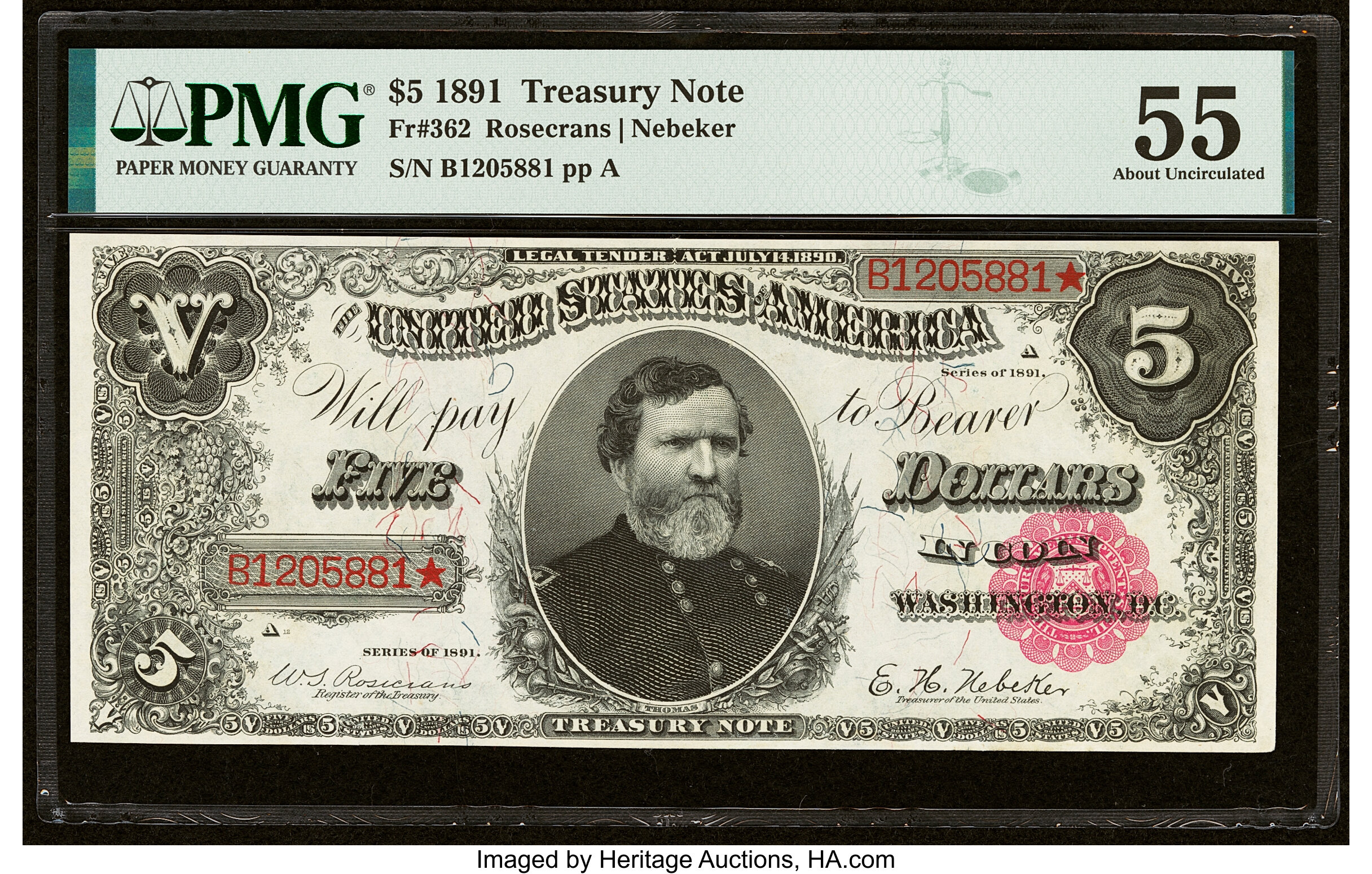 image for: Fr. 362 $5 1891 Treasury Note PMG About Uncirculated 55....