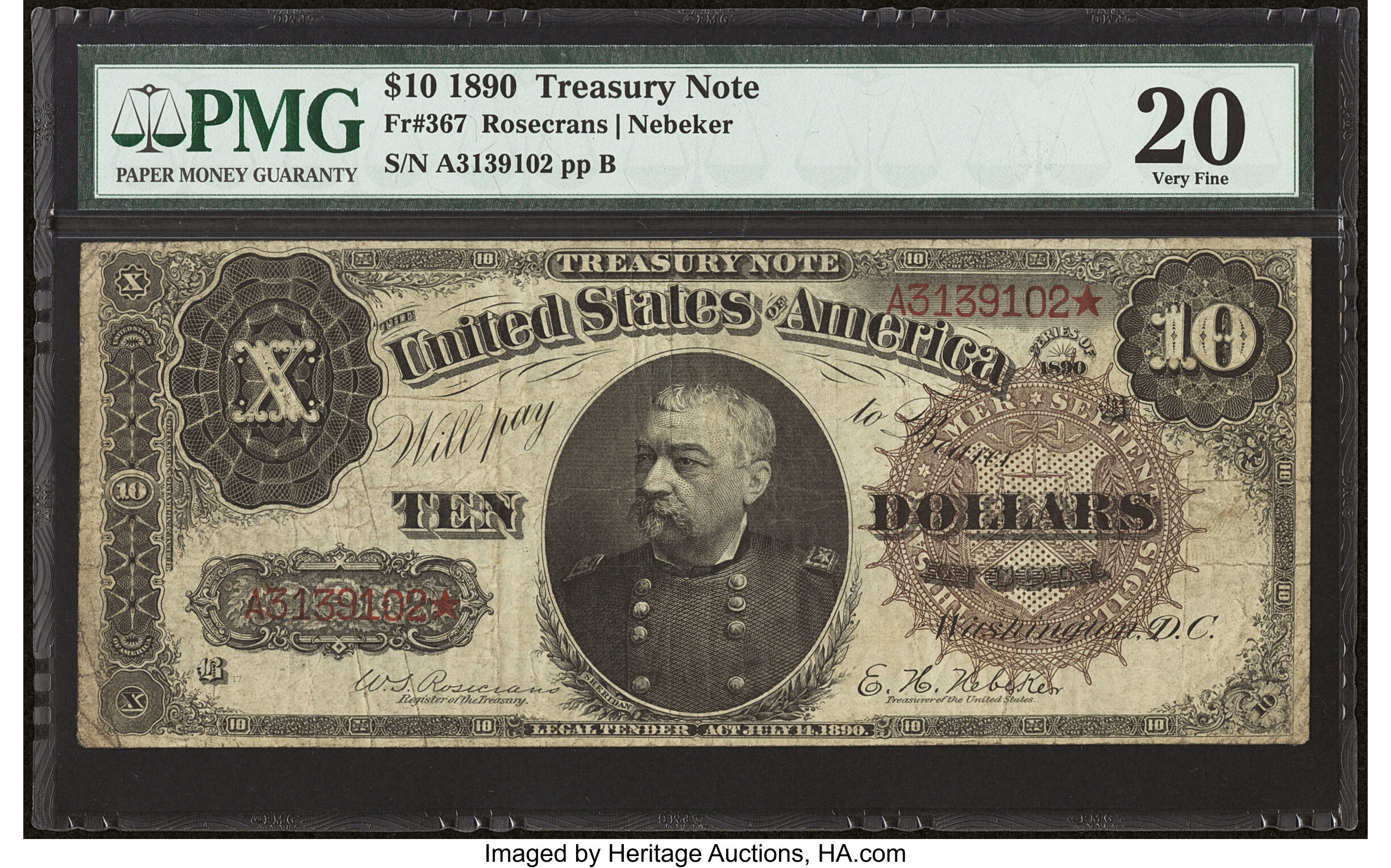 image for: Fr. 367 $10 1890 Treasury Note PMG Very Fine 20....