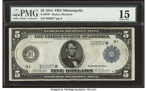 image for: Fr. 878* $5 1914 Federal Reserve Star Note PMG Choice Fine 15....