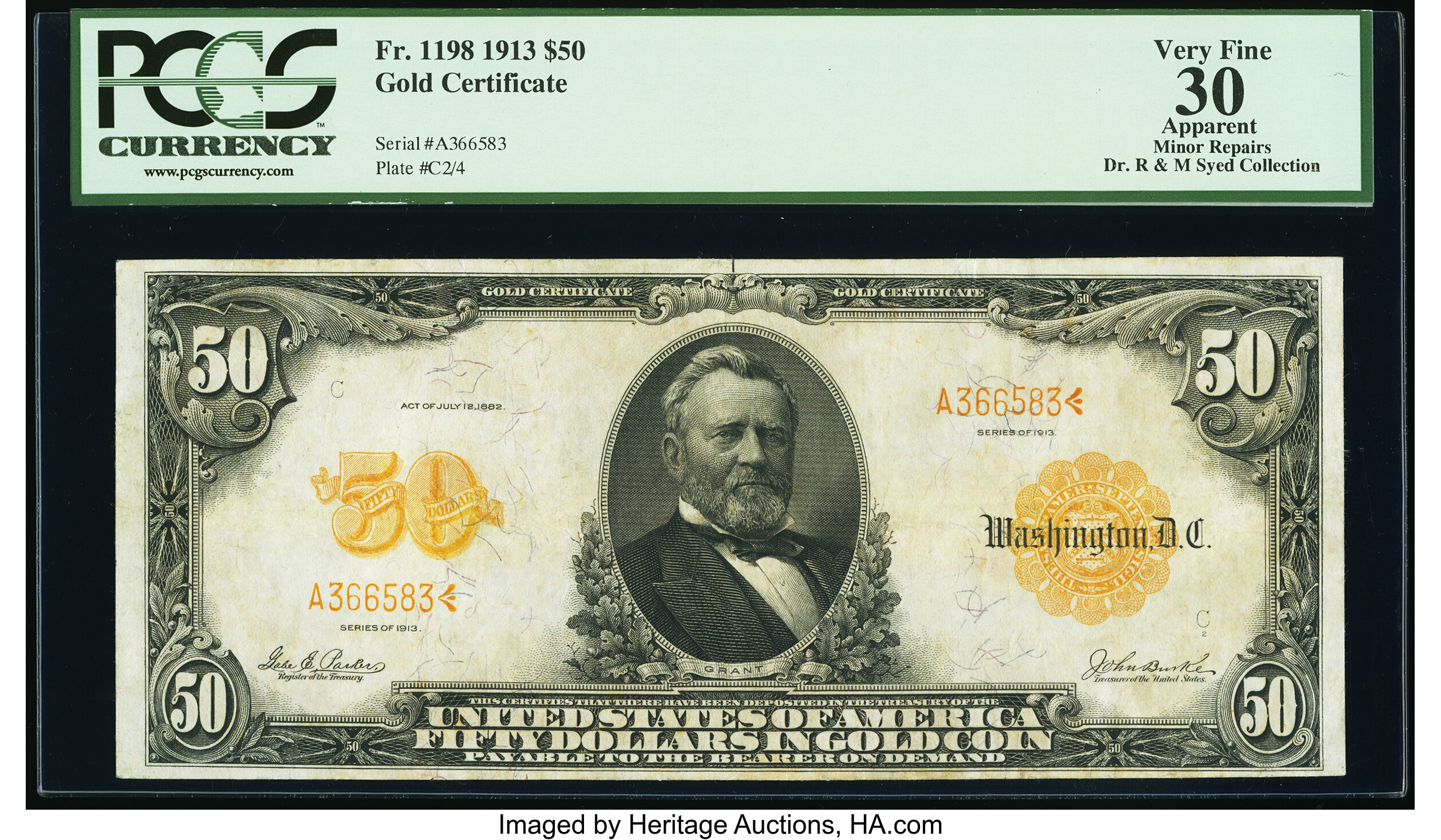 image for: Fr. 1198 $50 1913 Gold Certificate PCGS Apparent Very Fine 30....