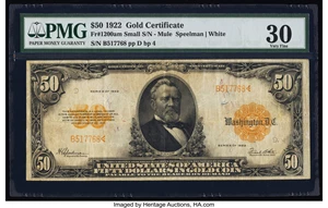 image for: Fr. 1200a $50 1922 Mule Gold Certificate PMG Very Fine 30....