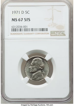 image for: 1971-D 5C MS67 Full Steps NGC. NGC Census: (122/3). PCGS Population: (33/0). CDN: $300 Whsle. Bid for NGC/PCGS MS67. ...