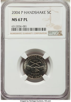 image for: 2004-P 5C Peace Medal MS67 Prooflike NGC. NGC Census: (11/1). PCGS Population: (78/8). CDN: $160 Whsle. Bid for NGC/PCGS MS...