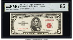 image for: Fr. 1533* $5 1953A Legal Tender Star Note. PMG Gem Uncirculated 65 EPQ....