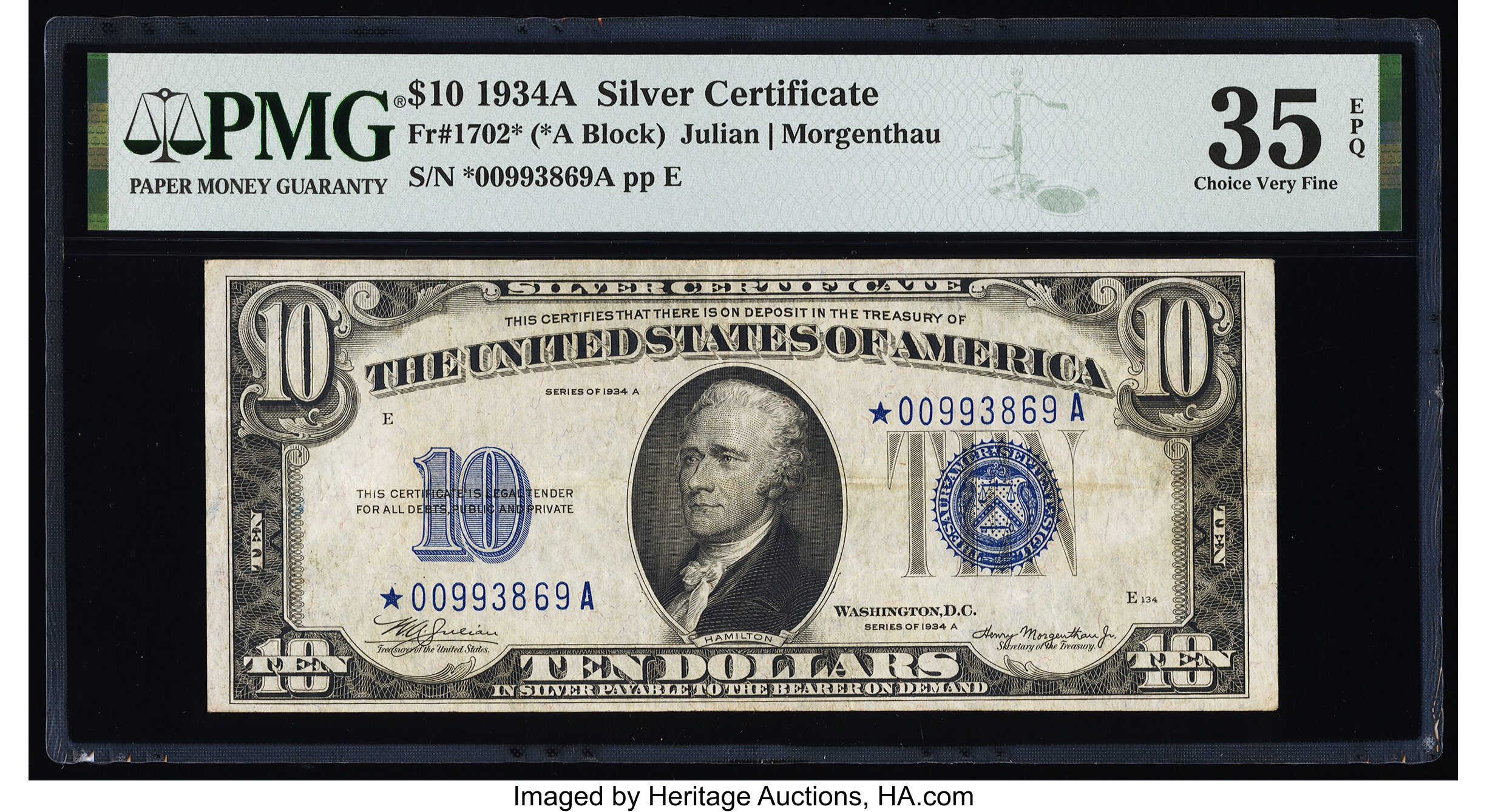 image for: Fr. 1702* $10 1934A Silver Certificate Star. PMG Choice Very Fine 35 EPQ....
