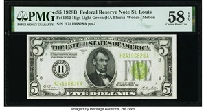 image for: Fr. 1952-H $5 1928B Light Green Seal Federal Reserve Note. PMG Choice About Unc 58 EPQ....