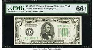 image for: Fr. 1960-B $5 1934D Federal Reserve Note. PMG Gem Uncirculated 66 EPQ....