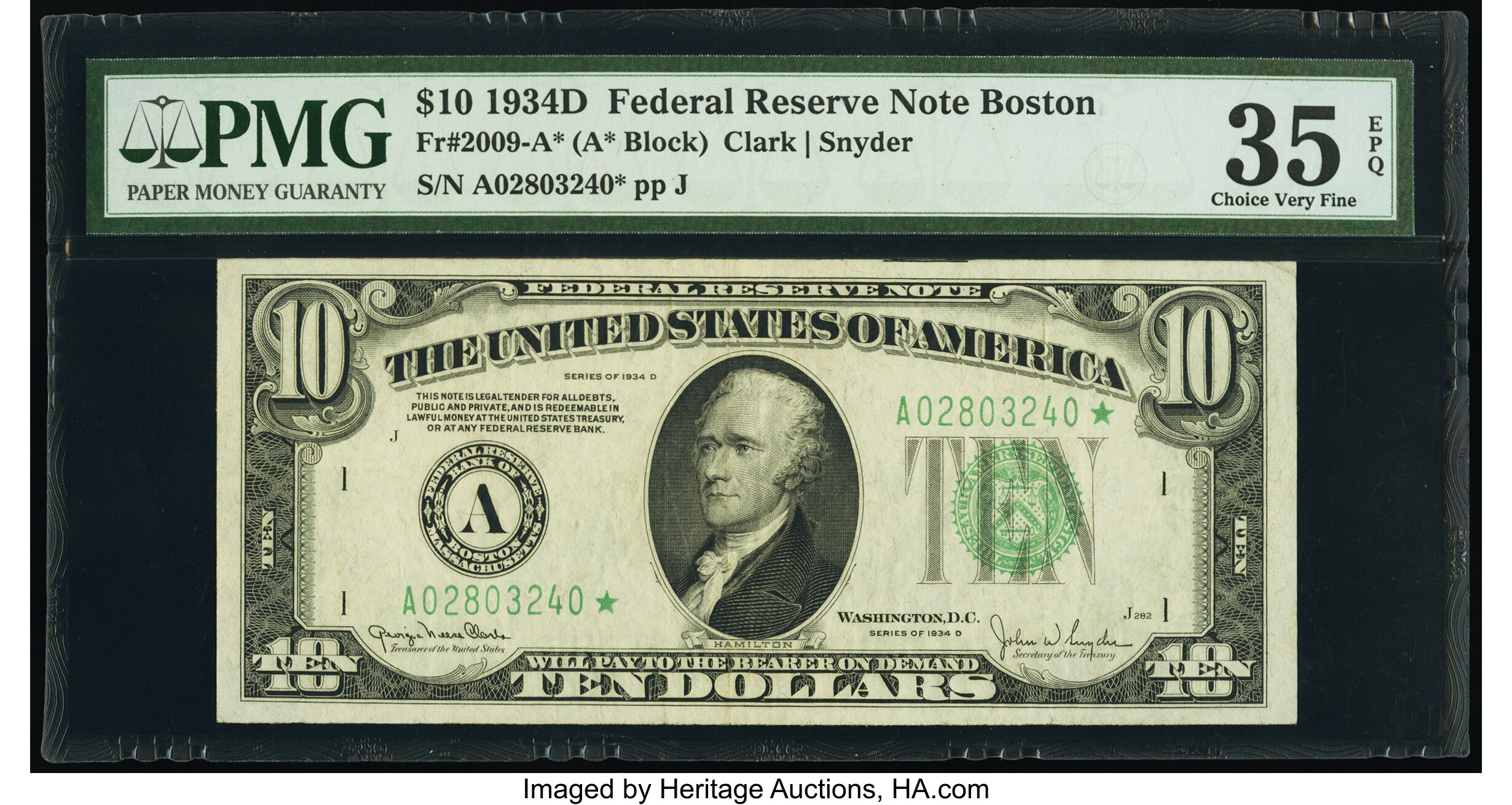 image for: Fr. 2009-A* $10 1934D Federal Reserve Star Note. PMG Choice Very Fine 35 EPQ....