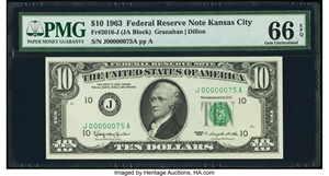 image for: Low Serial Number 75 Fr. 2016-J $10 1963 Federal Reserve Note. PMG Gem Uncirculated 66 EPQ....