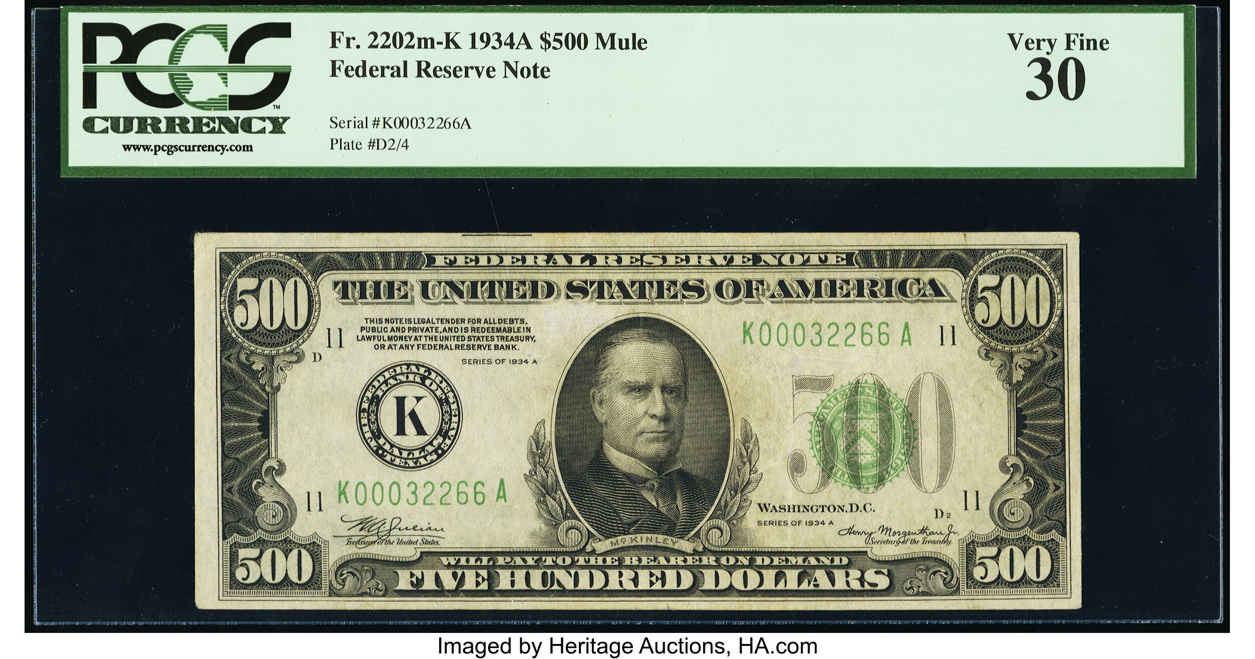 image for: Fr. 2202-K $500 1934A Federal Reserve Note. PCGS Very Fine 30....