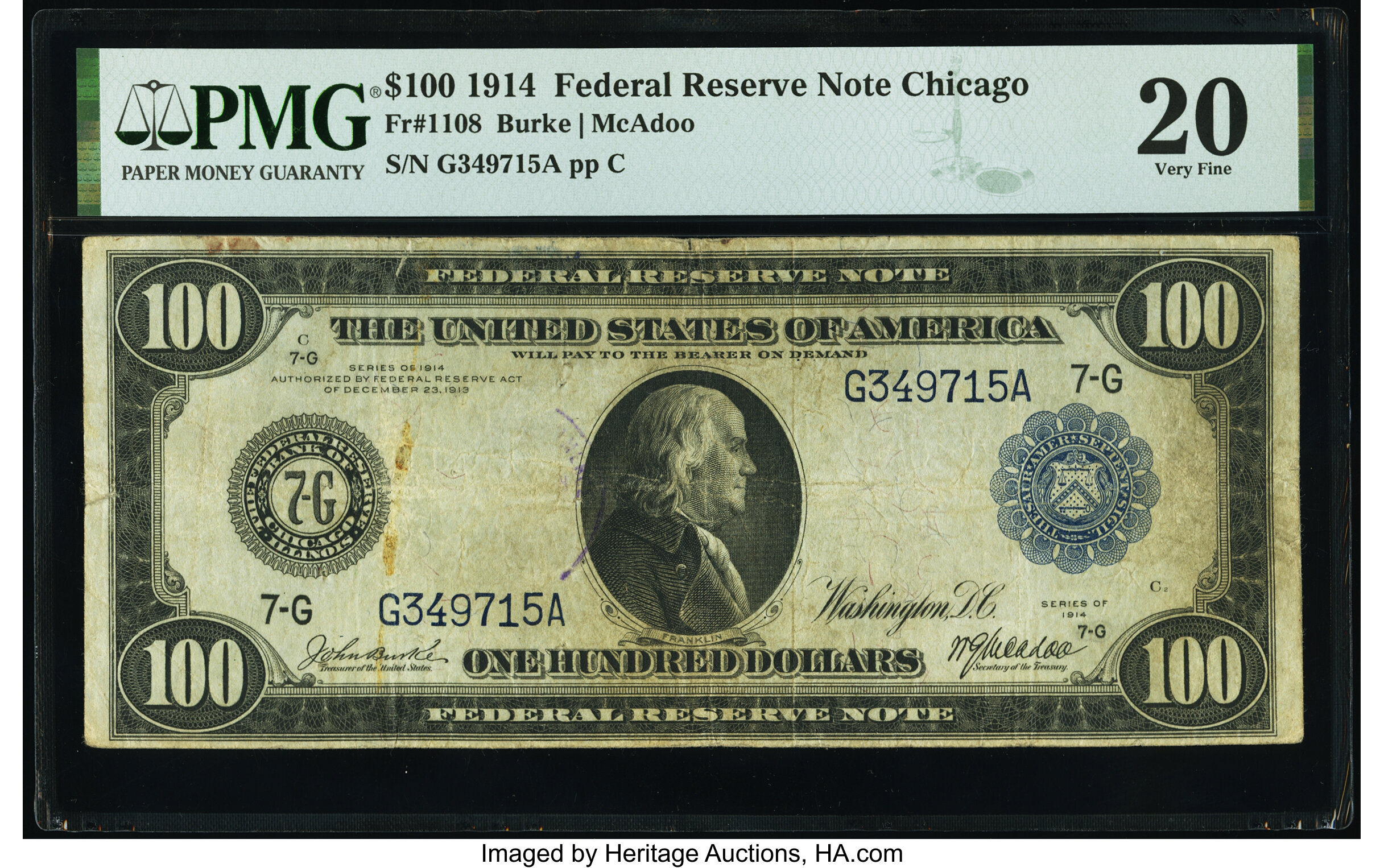 image for: Fr. 1108 $100 1914 Federal Reserve Note PMG Very Fine 20....