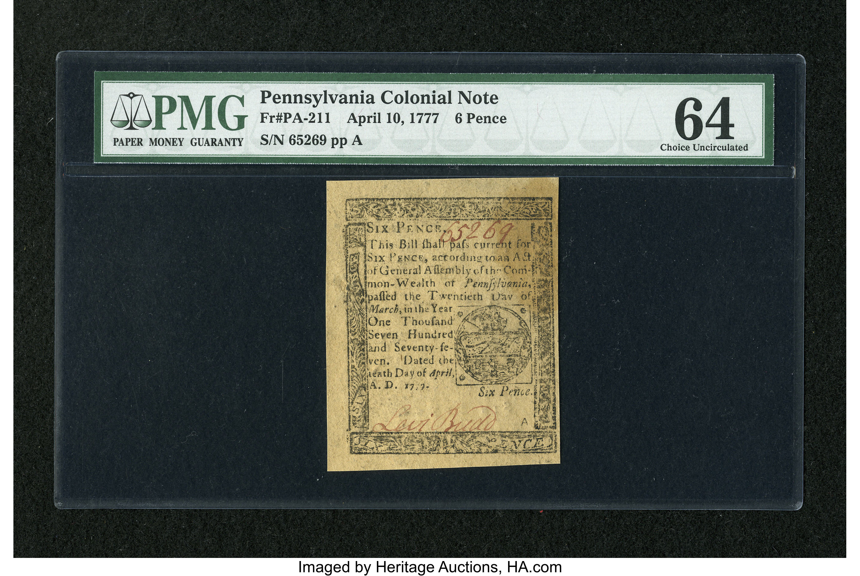 image for: Pennsylvania April 10, 1777 6d PMG Choice Uncirculated 64....