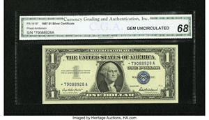image for: Fr. 1619* $1 1957 Silver Certificate. CGA Gem Uncirculated 68....