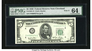 image for: Fr. 1961-D $5 1950 Wide II Federal Reserve Note. PMG Choice Uncirculated 64....