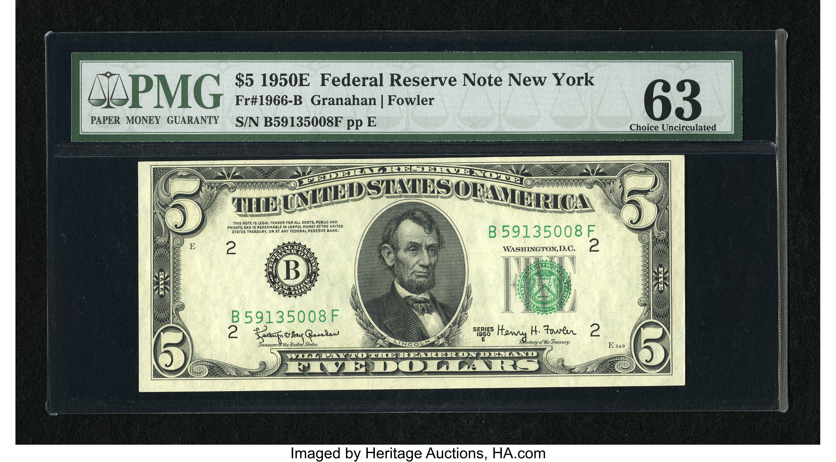 image for: Fr. 1966-B $5 1950E Federal Reserve Note. PMG Choice Uncirculated 63....