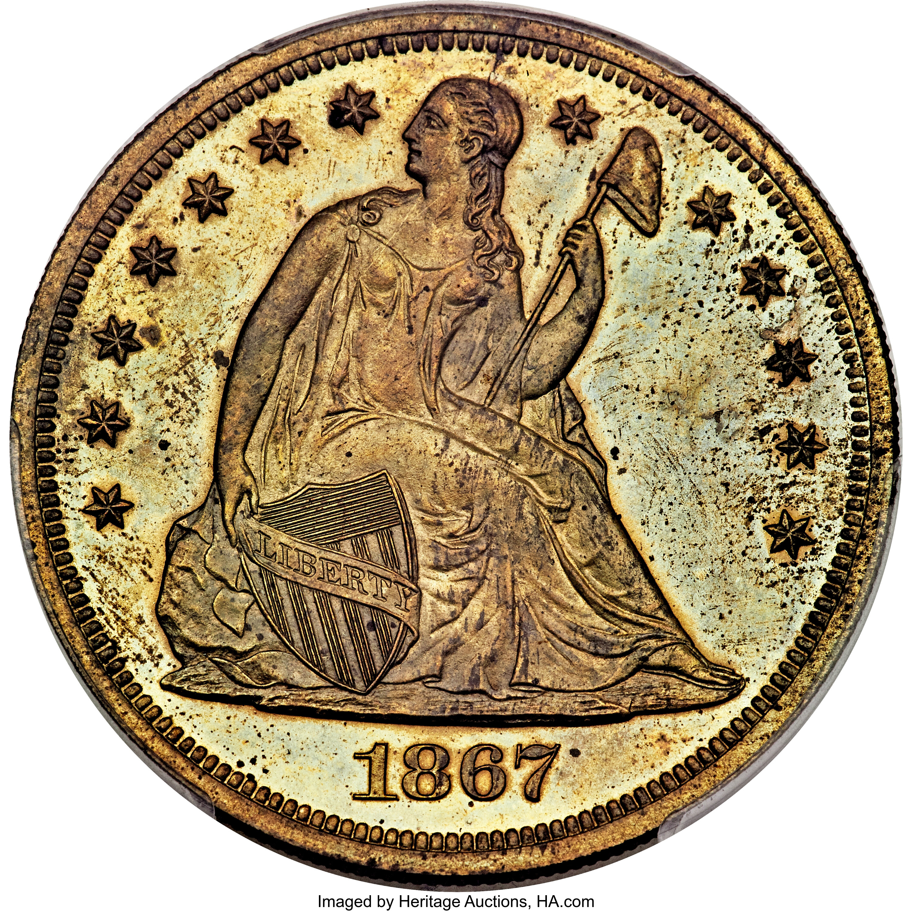 image for: 1867 $1 Seated Dollar, Judd-593, Pollock-657, High R.7, PR64 PCGS. CAC....