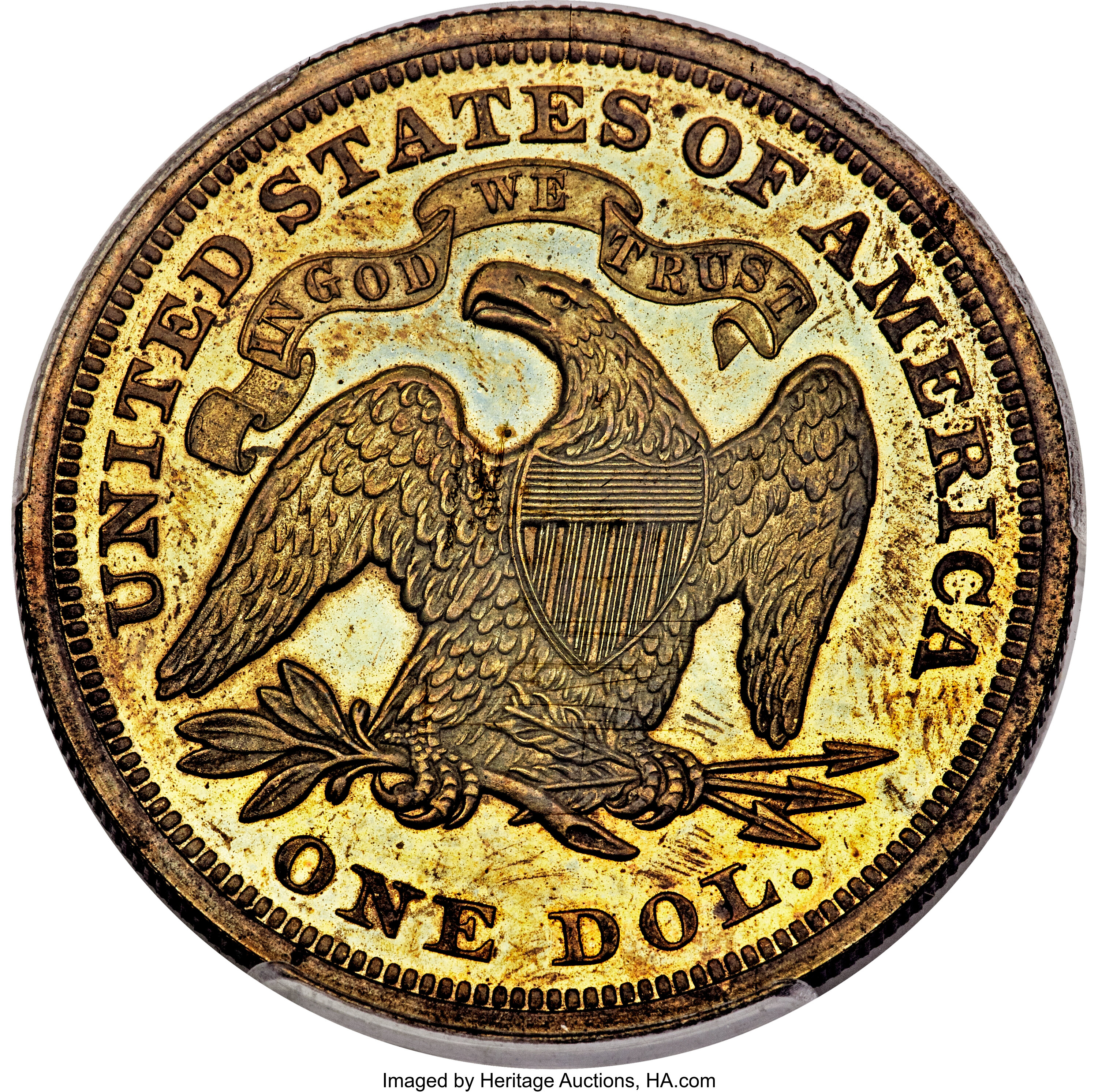 image for: 1867 $1 Seated Dollar, Judd-593, Pollock-657, High R.7, PR64 PCGS. CAC....