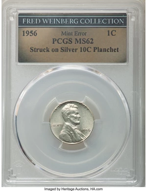 image for: 1956 1C Lincoln Cent -- Struck on a Silver Dime Planchet -- MS62 PCGS....