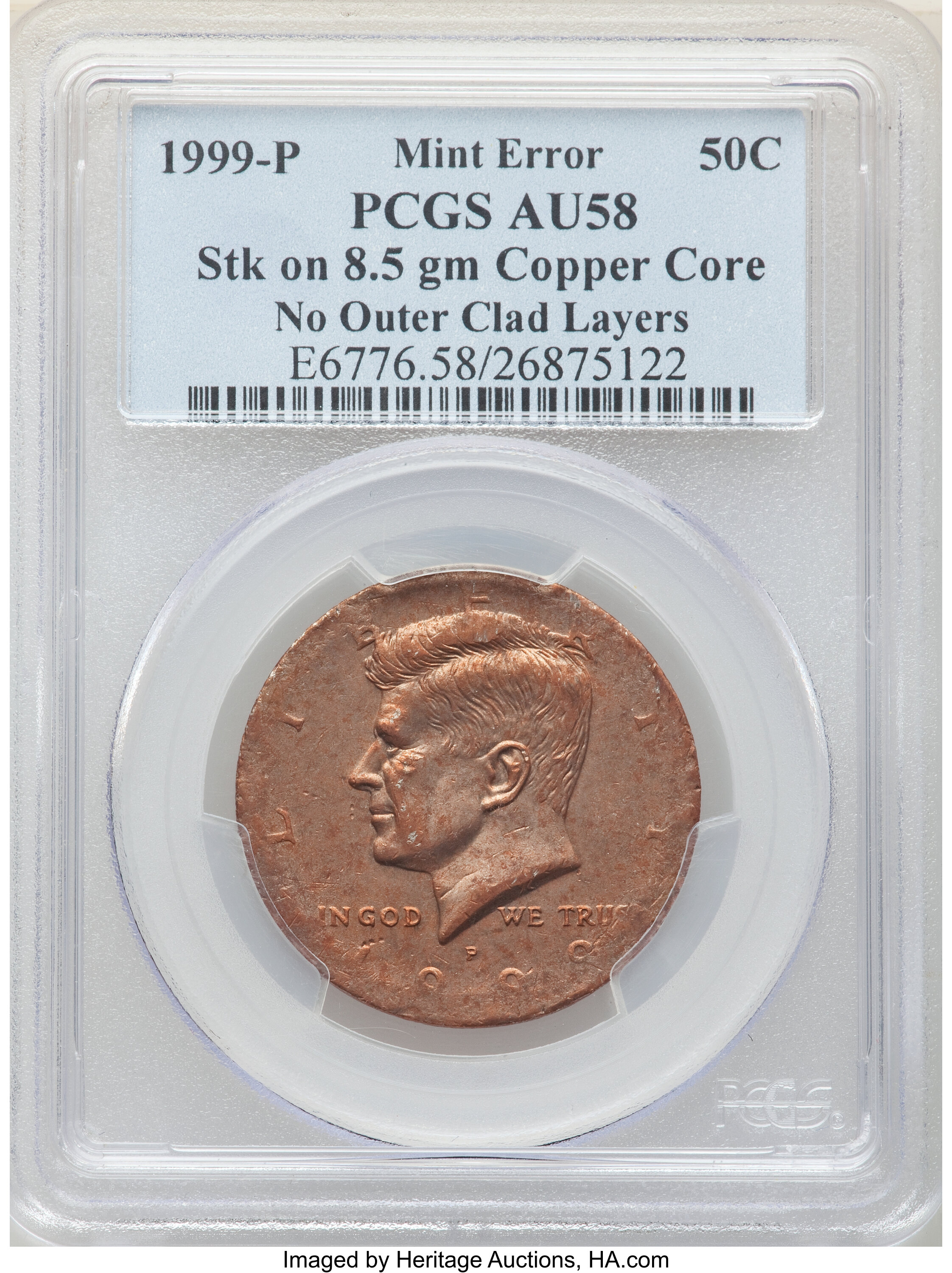 image for: 1999-P 50C Kennedy Half Dollar -- Struck on an 8.5 gram Copper Core, No Outer Clad Layers -- AU58 PCGS....